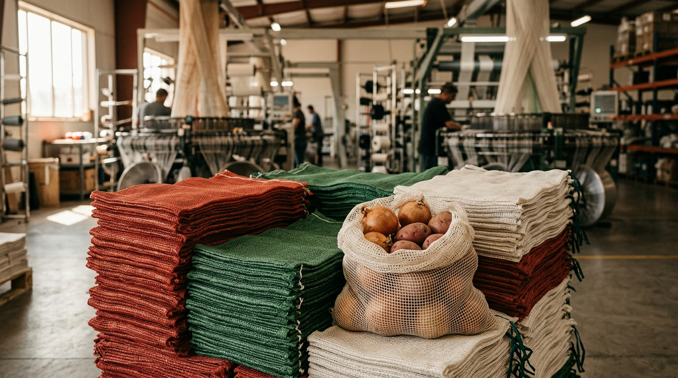 Illustrative leno-bag weaving and packing production floor
