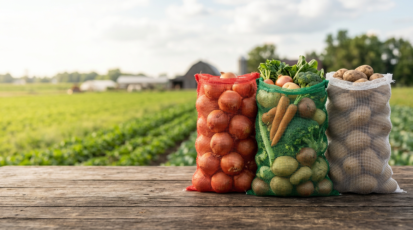 Standard open-top red, green and white leno mesh sacks filled with produce, without ties or handles