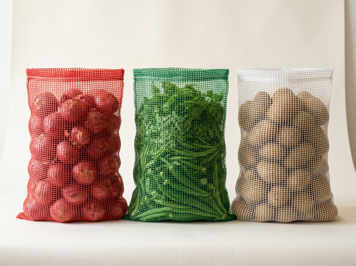Standard open-top red, green and white leno mesh sacks without ties or handles