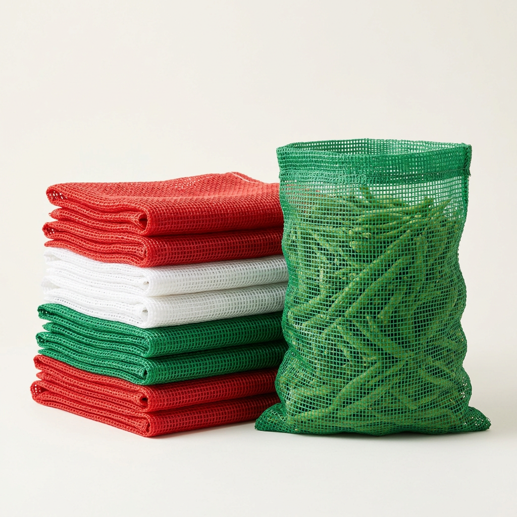 Stacks of ordinary open-top leno mesh sacks without ties, cords or handles