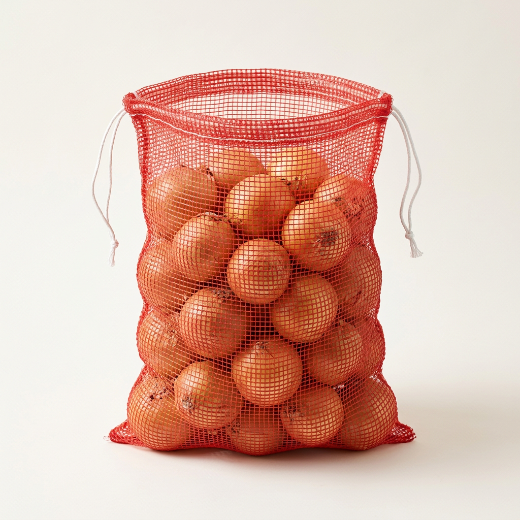 Red leno mesh sack with a drawstring inserted through the top hem and left untied