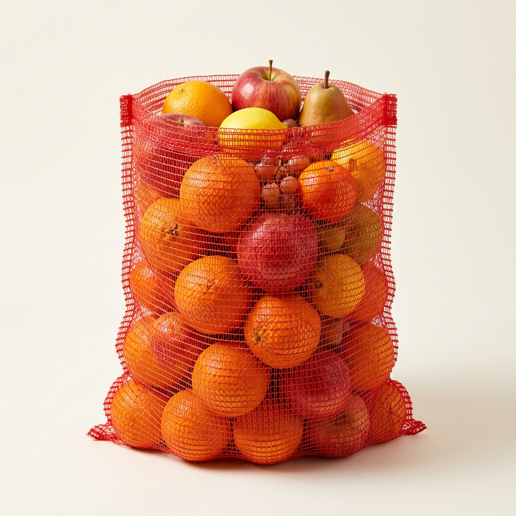 Standard open-top red leno mesh sack filled with fruit, without ties or handles