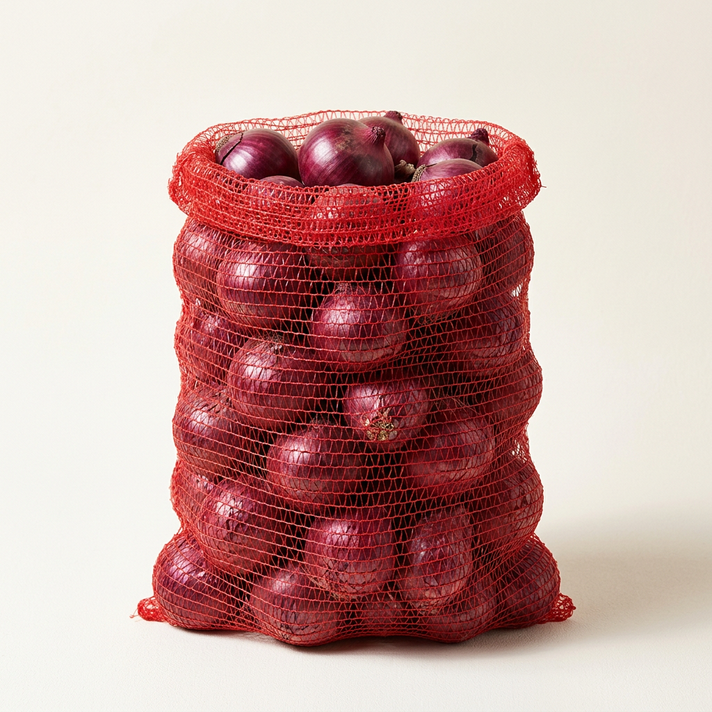 Standard open-top red leno mesh sack filled with onions, without ties or handles
