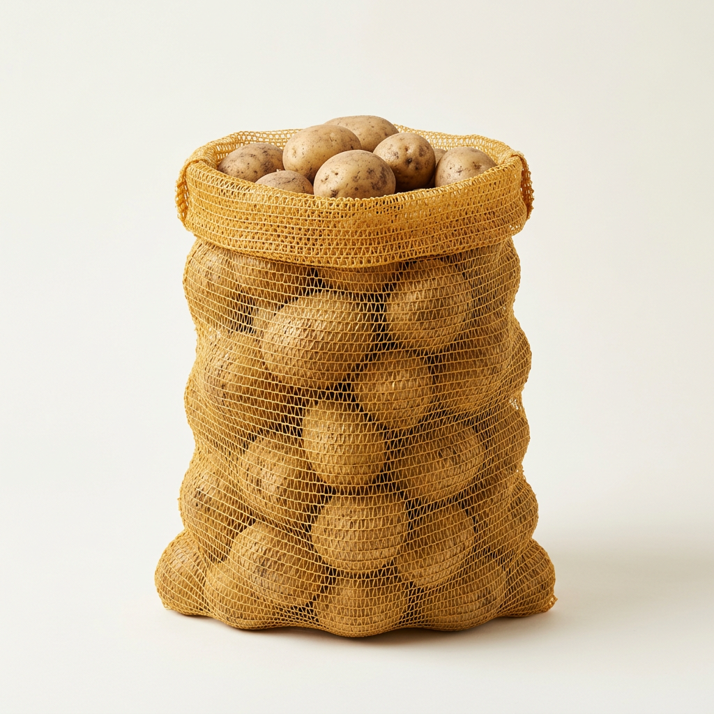 Standard open-top yellow leno mesh sack filled with potatoes, without ties or handles