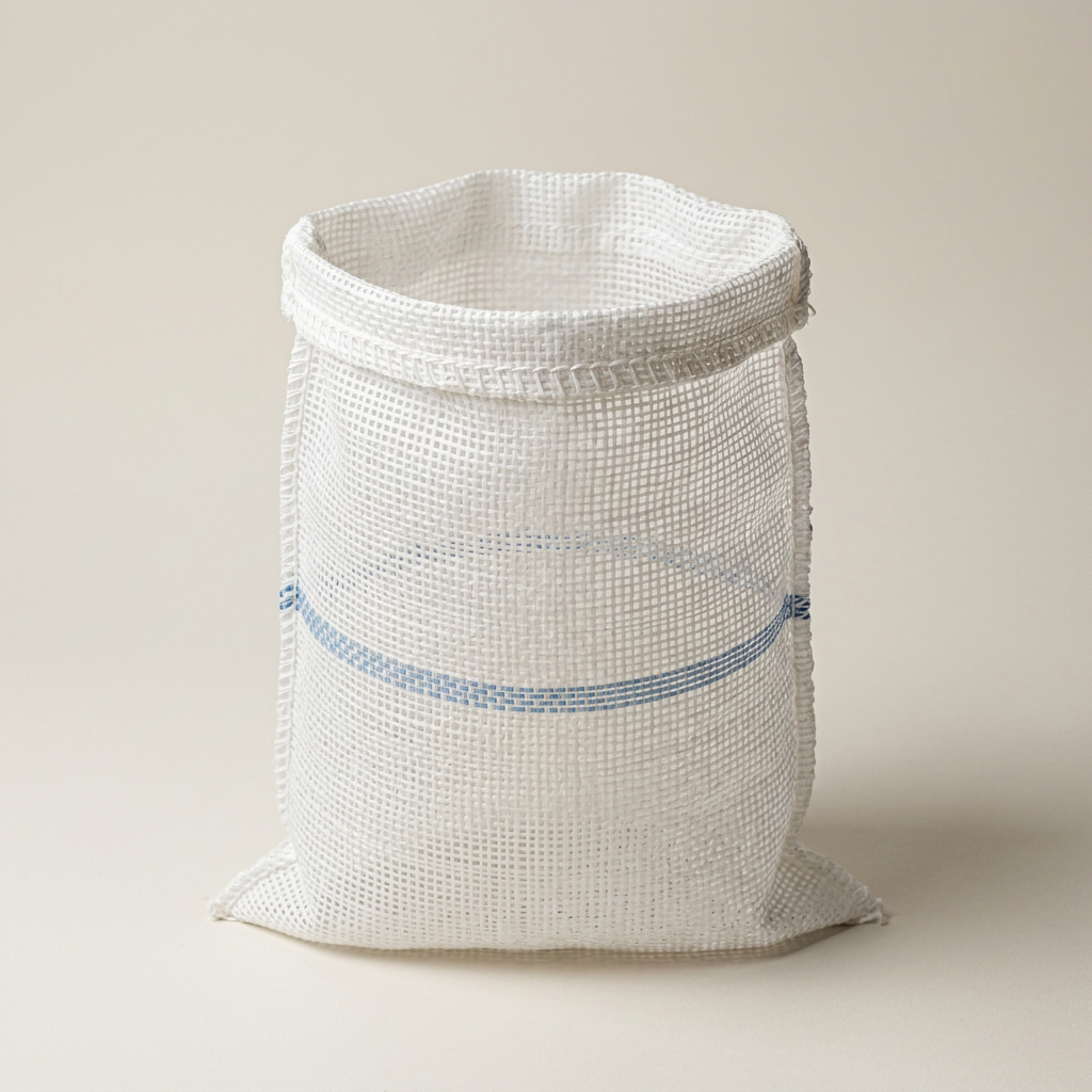 Illustrative plain white leno mesh bag with a blue stripe