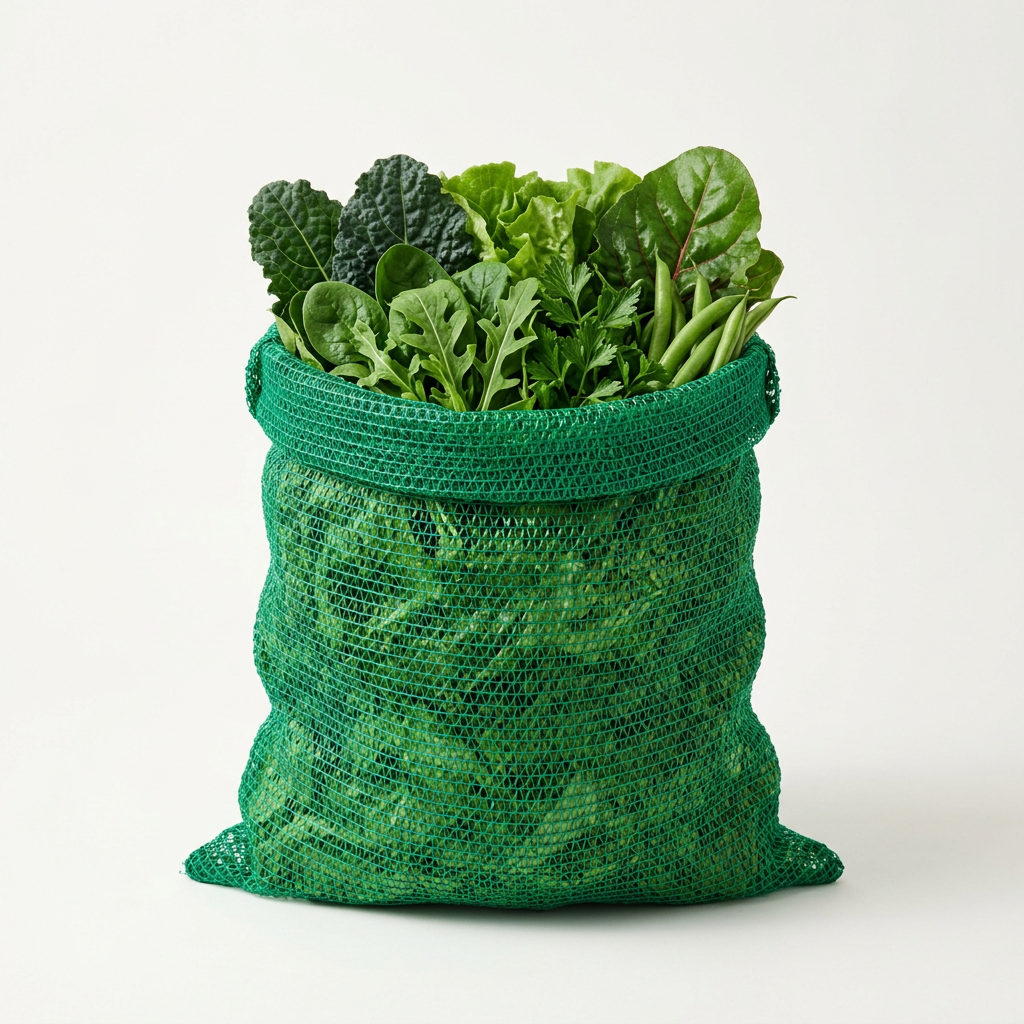 Standard open-top green leno mesh sack filled with fresh vegetables, without ties or handles