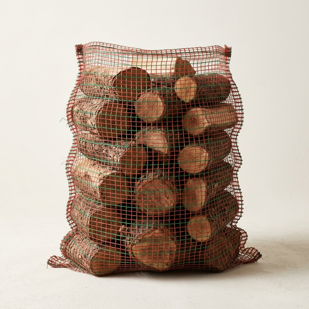 Open polypropylene leno mesh sacks filled with short wooden firewood logs